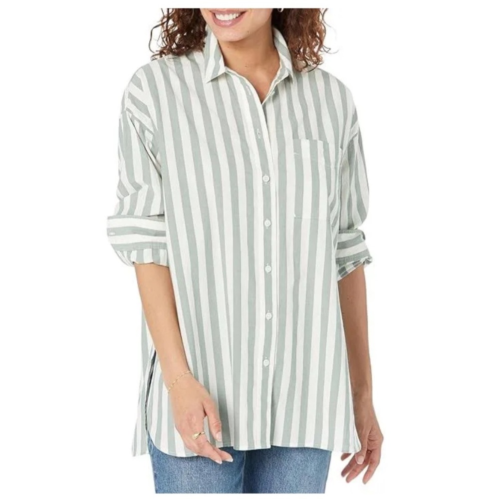 Madewell Signature Poplin Oversized Shirt in Springy Stripe Simply Sage